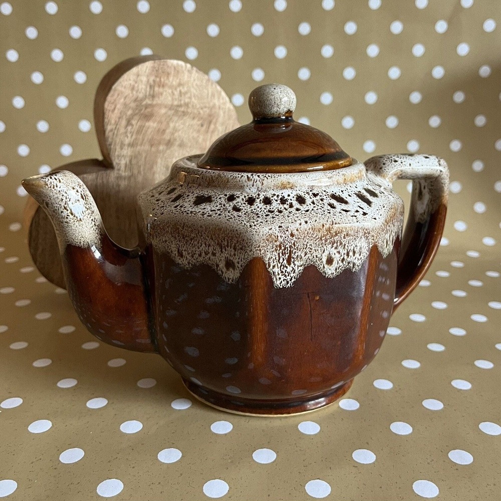 Vintage Redware Brown Tea Kettle Teapot Drip Glaze Decor Cottagecore Ceramic